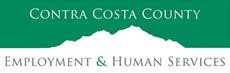 Logo of Contra Costa County's Employment and Human Services, featuring green and white colors with stylized text.