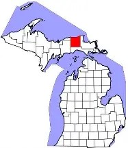Image of the upper and lower peninsula of Michigan with counties outlined and a red highlight on Luce county.