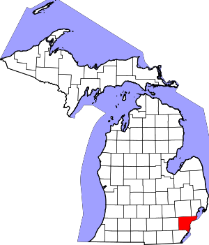 Image of the upper and lower peninsula of Michigan with counties outlined and a red highlight on Ingham county.