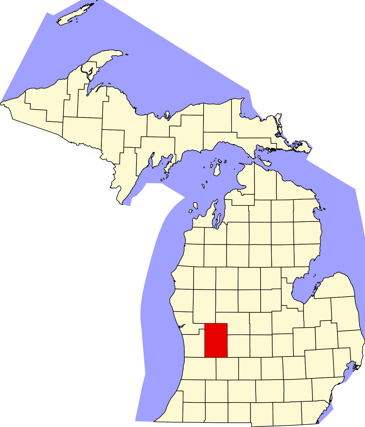 Image of the upper and lower peninsula of Michigan with counties outlined and a red highlight on Kent county.