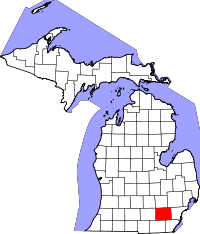 Image of the upper and lower peninsula of Michigan with counties outlined and a red highlight on Washtenaw County.