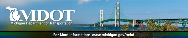 The Mackinac Bridge on a sunny day with blue skies and trees in the forefront with the MDOT logo and the MDOT webpage address.