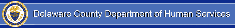 Header for the Delaware County Department of Human Services, featuring a blue background and an official seal.