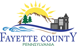 Logo of Fayette County, Pennsylvania, featuring mountains, trees, a sun, and a cityscape with flowing water.
