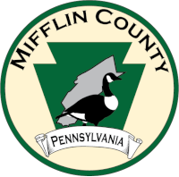 Seal of Mifflin County, Pennsylvania, featuring a stylized map outline and a bird, with the text 