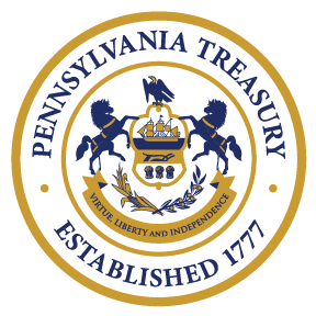Seal of the Pennsylvania Treasury featuring two horses, a ship, and the motto 