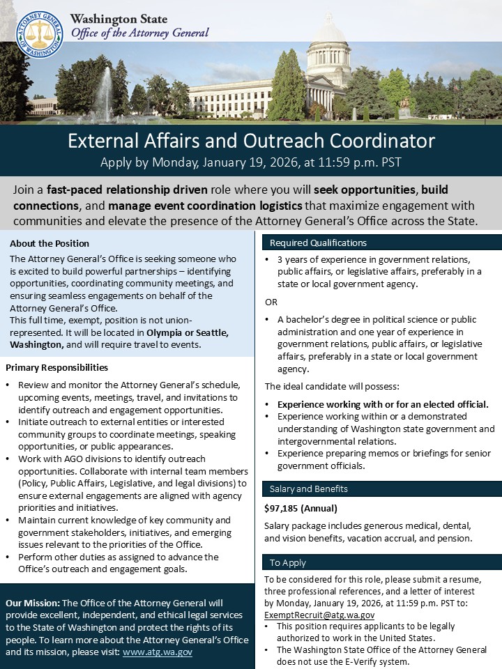 To learn more about the Washington State Office of the Attorney General and its mission, please visit