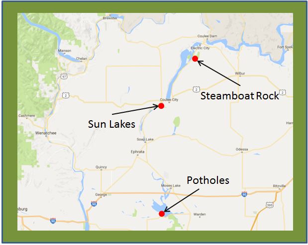 Map showing locations of Steamboat Rock, Sun Lakes, and Potholes near Electric City, Washington.