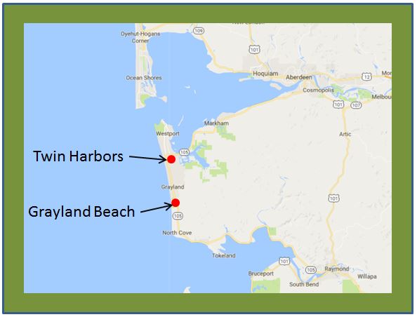 Map showing Twin Harbors and Grayland Beach locations along the coast, marked with red dots.