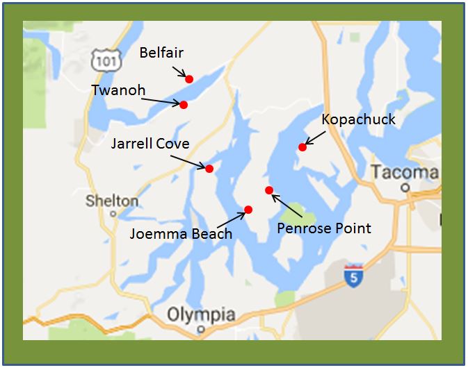 Map showing locations of Belfair, Twanoh, Jarrell Cove, Joemma Beach, Kopachuck, and Penrose Point near Olympia, Washington.