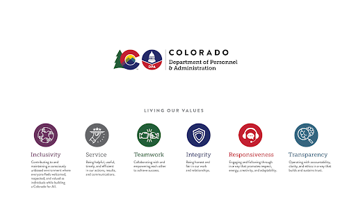 Logo of the Colorado Department of Personnel & Administration with values: Inclusivity, Service, Teamwork, Integrity, Responsiveness, Transparency.