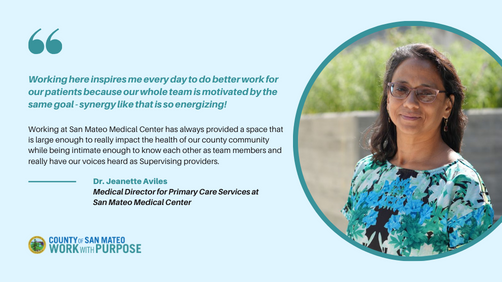 A woman with glasses smiles, sharing her inspiring experience working at San Mateo Medical Center. Text highlights her dedication to patient care.