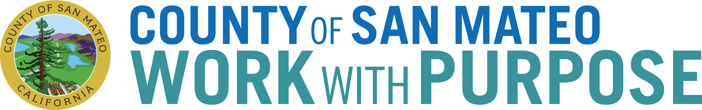 Logo for San Mateo County featuring a scenic illustration and the text 