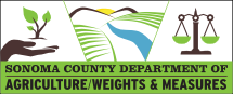 Logo of Sonoma County Department of Agriculture/Weights & Measures featuring a hand with a plant, hills, a river, and scales.