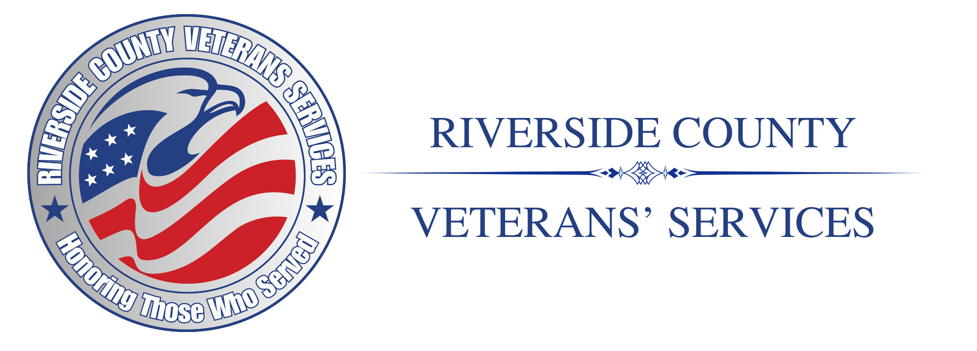 Logo for Riverside County Veterans Services, featuring an eagle and American flag design, with the text 