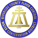 Logo of Riverside County Flood Control Water Conservation District featuring a bell and cross design in gold and blue.